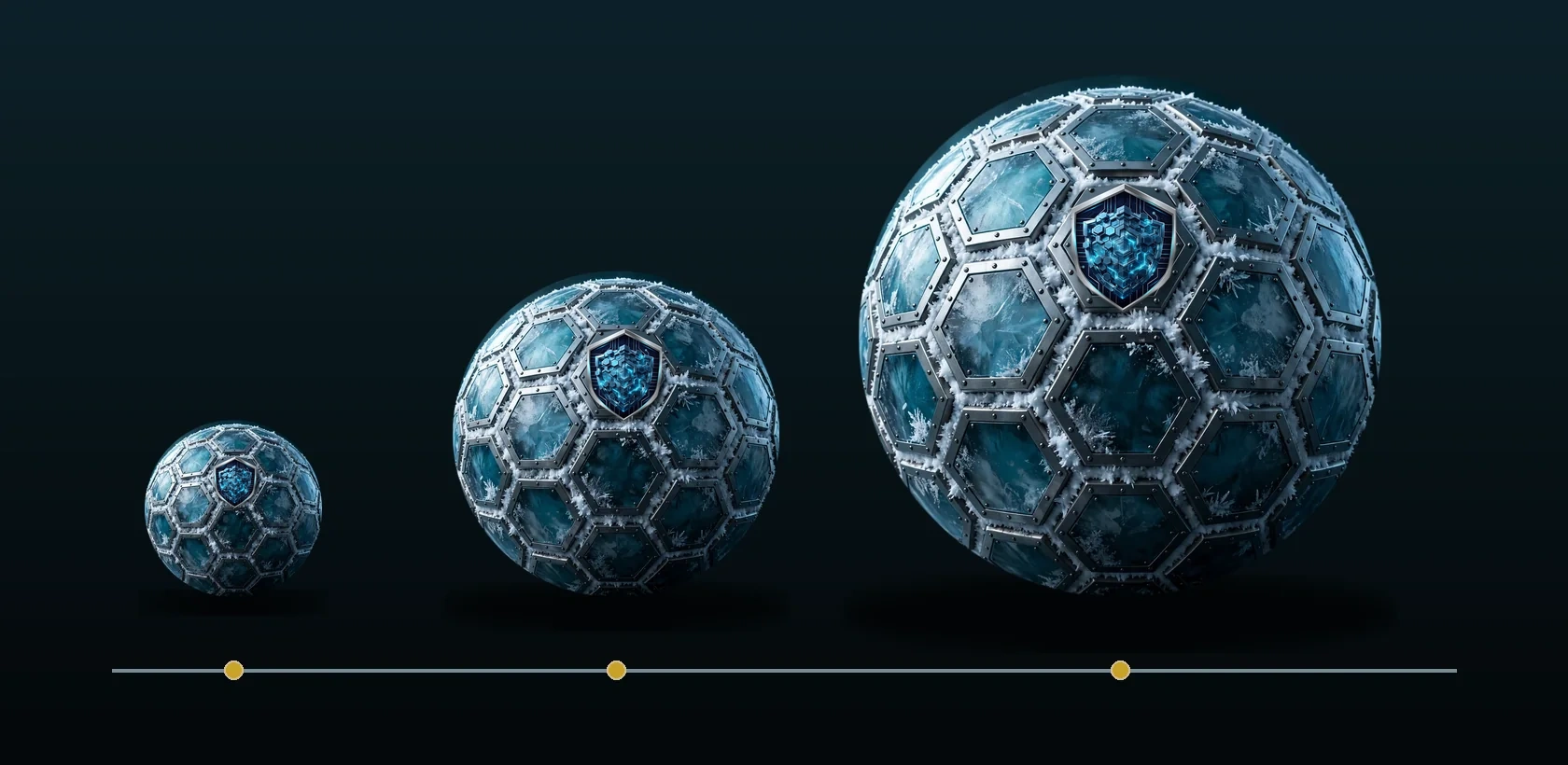 The same armored snowball at three sizes, small to large along a gauge track: it gathers as it rolls.
