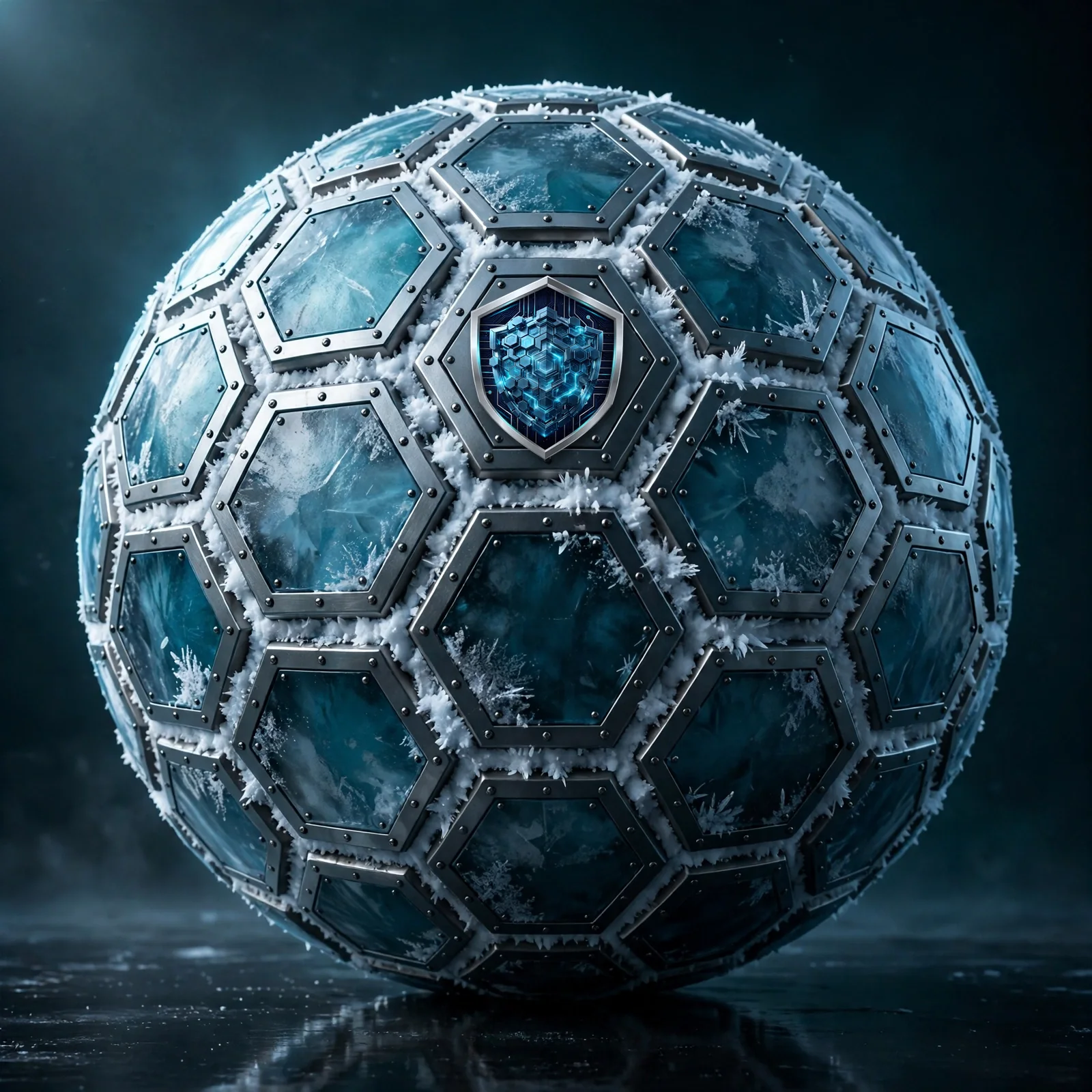 The Agentic Snowball, large: a snowball built from ice-blue hexagonal armor plates with packed snow bursting through the seams, the Agentic Armor shield seated in the plate at its face.