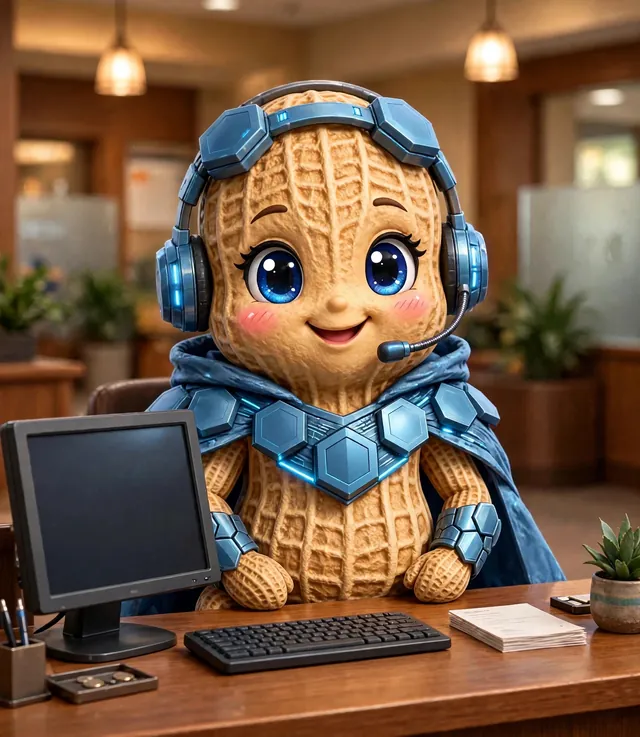 The Agentic Teller at her window, hood down, wearing a teller&rsquo;s headset, seated at her desk
