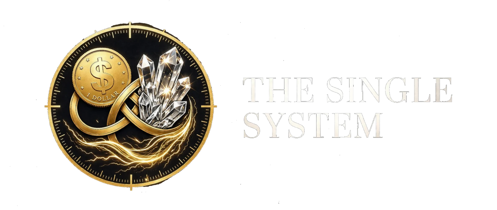 The Single System emblem: a gold ring binding a dollar coin, crystal cluster, energy currents, and meridian ticks