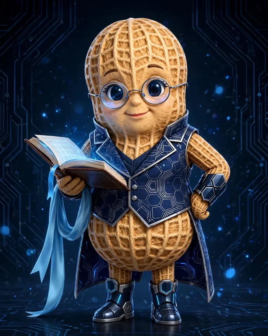 Edith the Record Keeper, in her peanut form, reading an open book