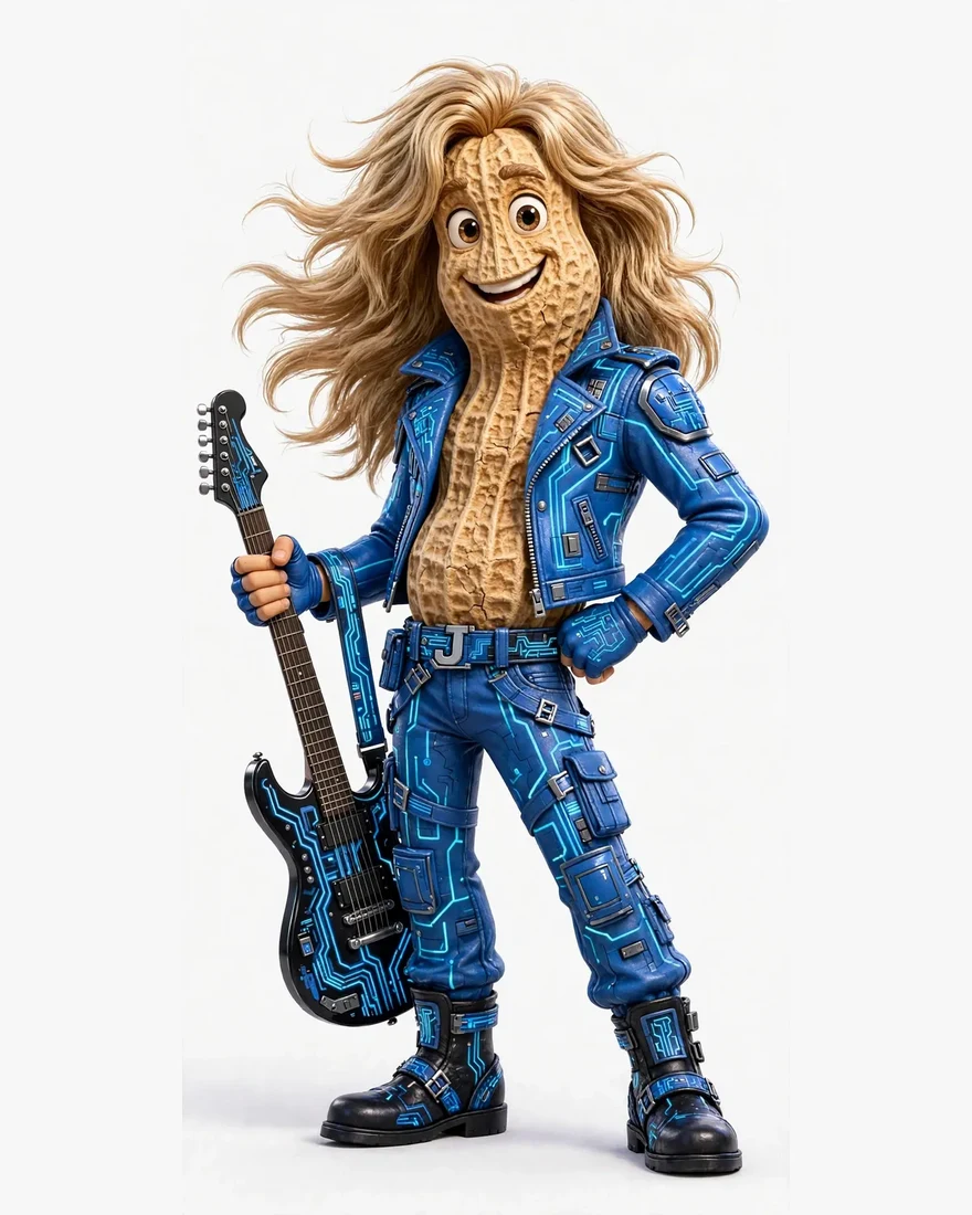 Jack the Phone Guy, in his peanut form — peanut face under the long beach-blonde rocker hair, guitar in hand