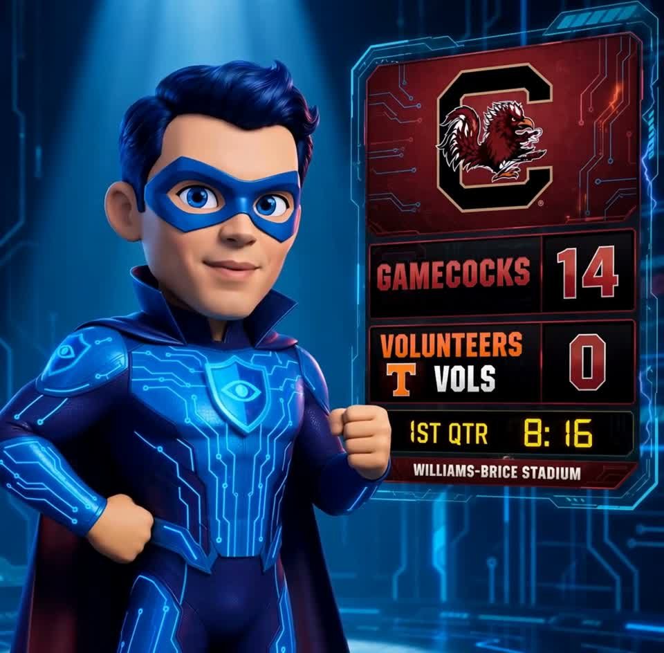 Jack beside the scoreboard — Gamecocks 14, Volunteers 0, first quarter, Williams-Brice Stadium