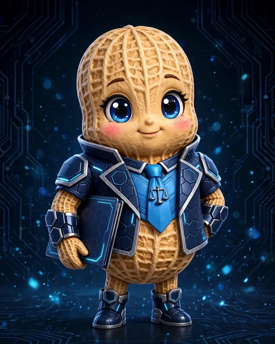 Julian the Fair Count, in his peanut form, wearing a tie with a scales pin and carrying the book