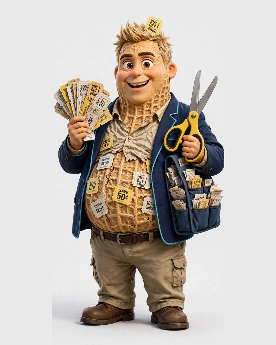 Nick the Coupon Cutter, in his person form — sandy-blonde spiky hair, the coupon suit, coupons fanned, the big scissors in hand