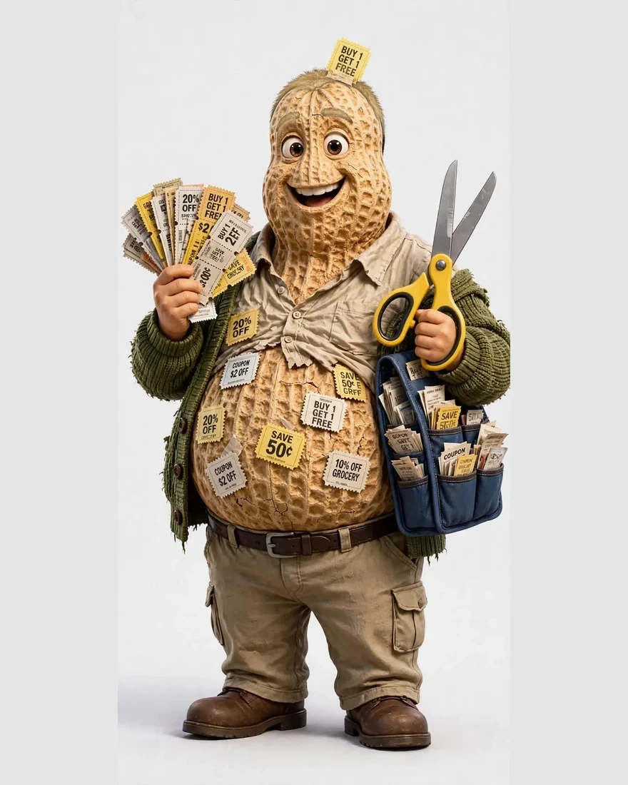 Nick the Coupon Cutter, in his peanut form — coupons fanned in one hand, scissors in the other