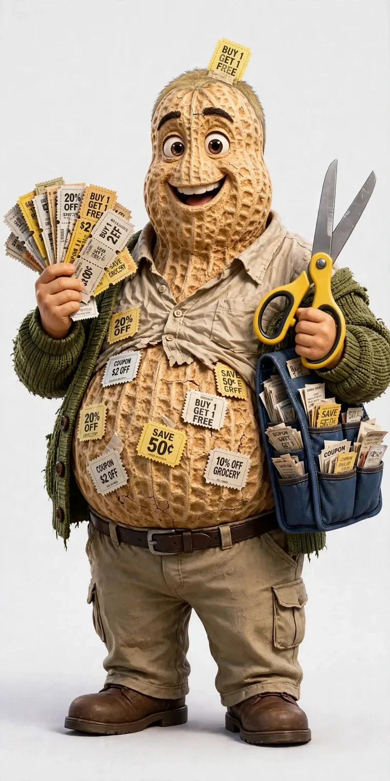 Nick the Coupon Cutter, LiveBooks&rsquo; deal hunter — peanut face on his big build, coupons fanned in one hand, scissors in the other