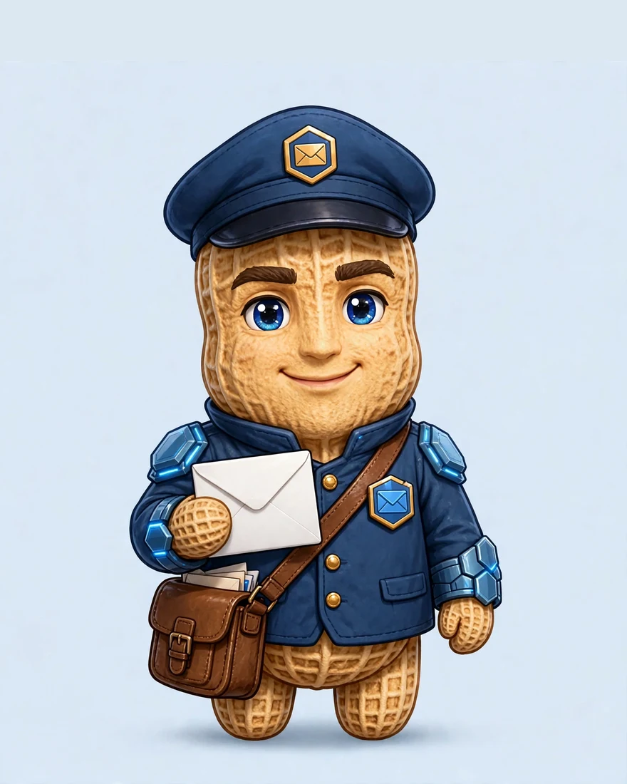 Amos the Postman, in his peanut form — navy postal uniform, satchel and envelope
