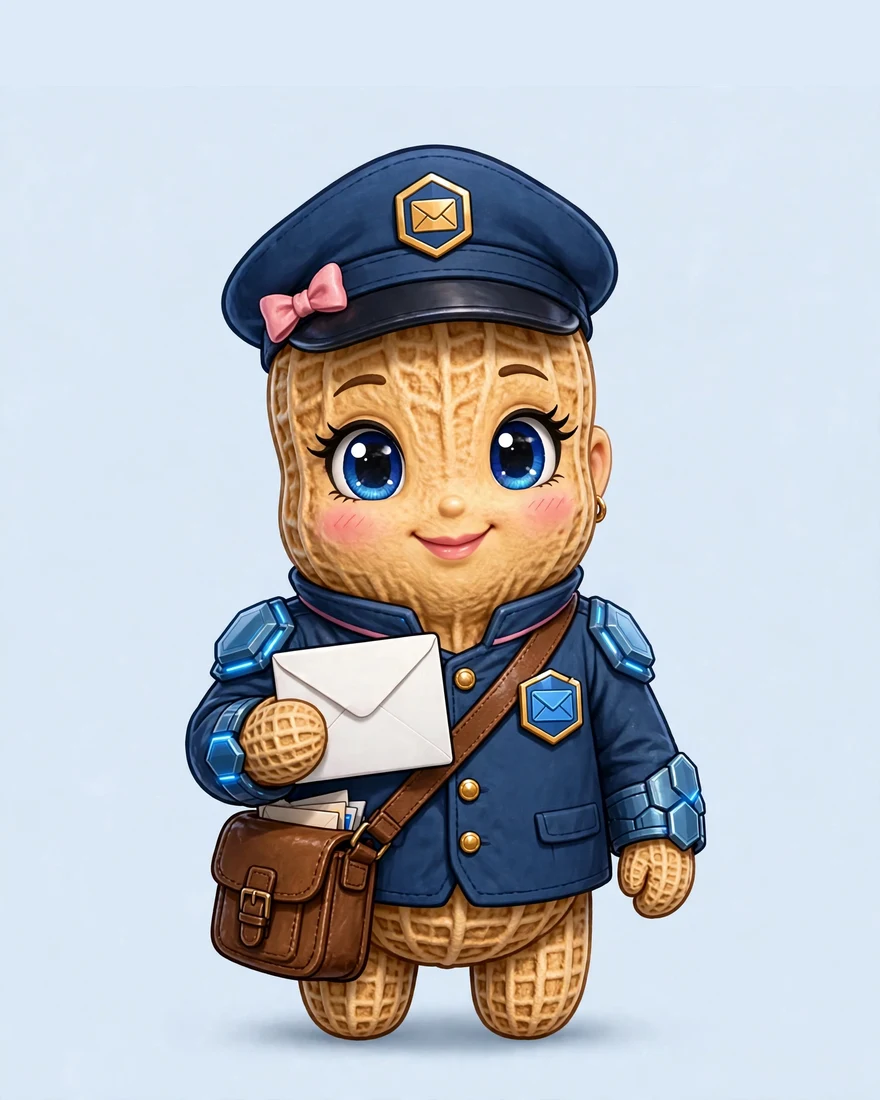 Willa the Postwoman, in her peanut form — navy postal uniform, satchel and envelope