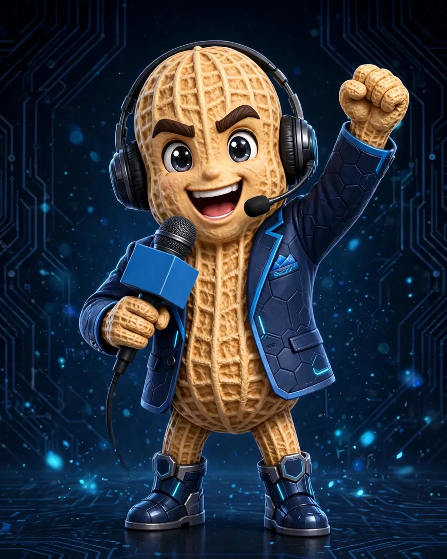 Booth the Sportscaster, in his peanut form — broadcast blazer, headset and microphone