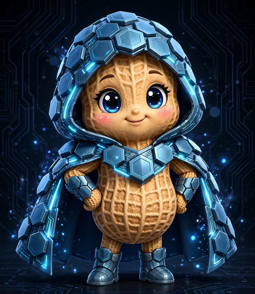 Tess in her peanut form — a small peanut in a glowing azure hex hood and cape, hands on hips