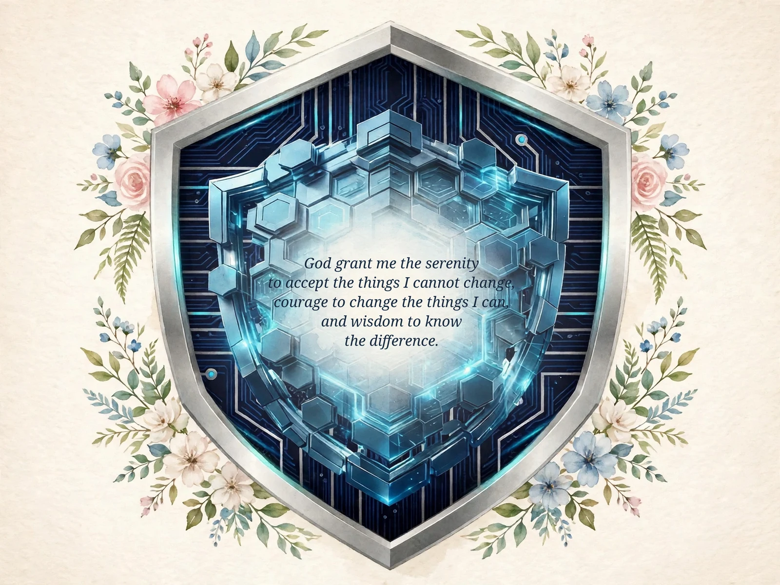 The dedication artwork: the Serenity Prayer set in the middle of the Agentic Armor shield, ringed with watercolor flowers